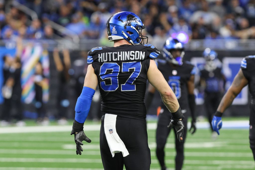DETROIT, MI - SEPTEMBER 30: Detroit Lions defensive end Aidan Hutchinson 97 looks on after a play during the third quarter of an NFL, American Football Herren, USA Monday Night Football regular season football game between the Seattle Seahawks and the Detroit Lions on September 30, 2024 at Ford Field in Detroit, Michigan. Photo by Scott W. Grau/Icon Sportswire NFL: SEP 30 Seahawks at Lions EDITORIAL USE ONLY Icon240930122