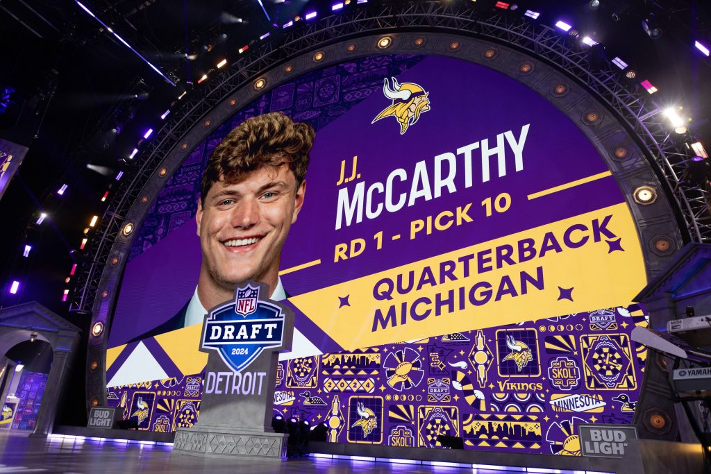 DETROIT, MI - APRIL 25: The Minnesota Vikings make Michigan Quarterback JJ McCarthy the tenth overall pick during Day 1 of the NFL, American Football Herren, USA Draft on April 25, 2024 at Campus Martius Park and Hart Plaza in Detroit, MI. Photo by John Smolek/Icon Sportswire NFL: APR 25 2024 Draft EDITORIAL USE ONLY Icon24042590