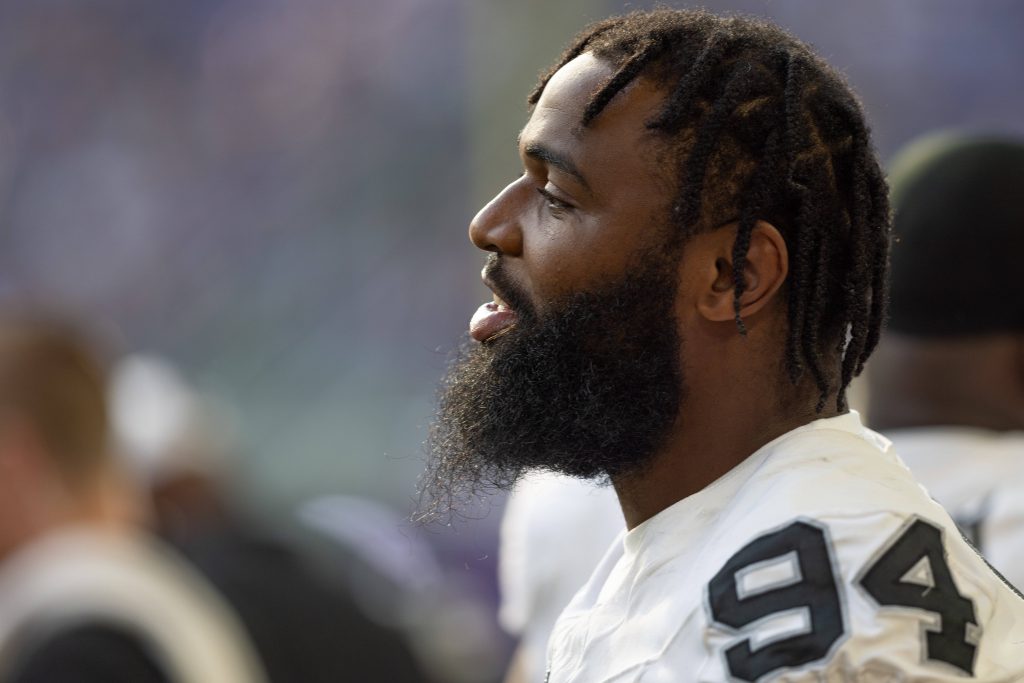 MINNEAPOLIS, MN - AUGUST 10: Las Vegas Raiders defensive tackle Christian Wilkins 94 looks on during the NFL, American Football Herren, USA preseason game between the Las Vegas Raiders and the Minnesota Vikings on August 10, 2024, at U.S. Bank Stadium in Minneapolis, MN. Photo by Bailey Hillesheim/Icon Sportswire NFL: AUG 10 Preseason Raiders at Vikings EDITORIAL USE ONLY Icon240810193