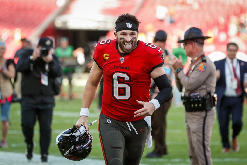 January 5, 2025, Tampa, Florida, USA: Tampa Bay Buccaneers quarterback Baker Mayfield 6 celebrates, after the Bucs defeat the New Orleans Saints, 27-19, during the end of the game at Raymond James Stadium in Tampa on Sunday, Jan. 5, 2025. Tampa USA - ZUMAs70_ 0791733282st Copyright: xJeffereexWoox