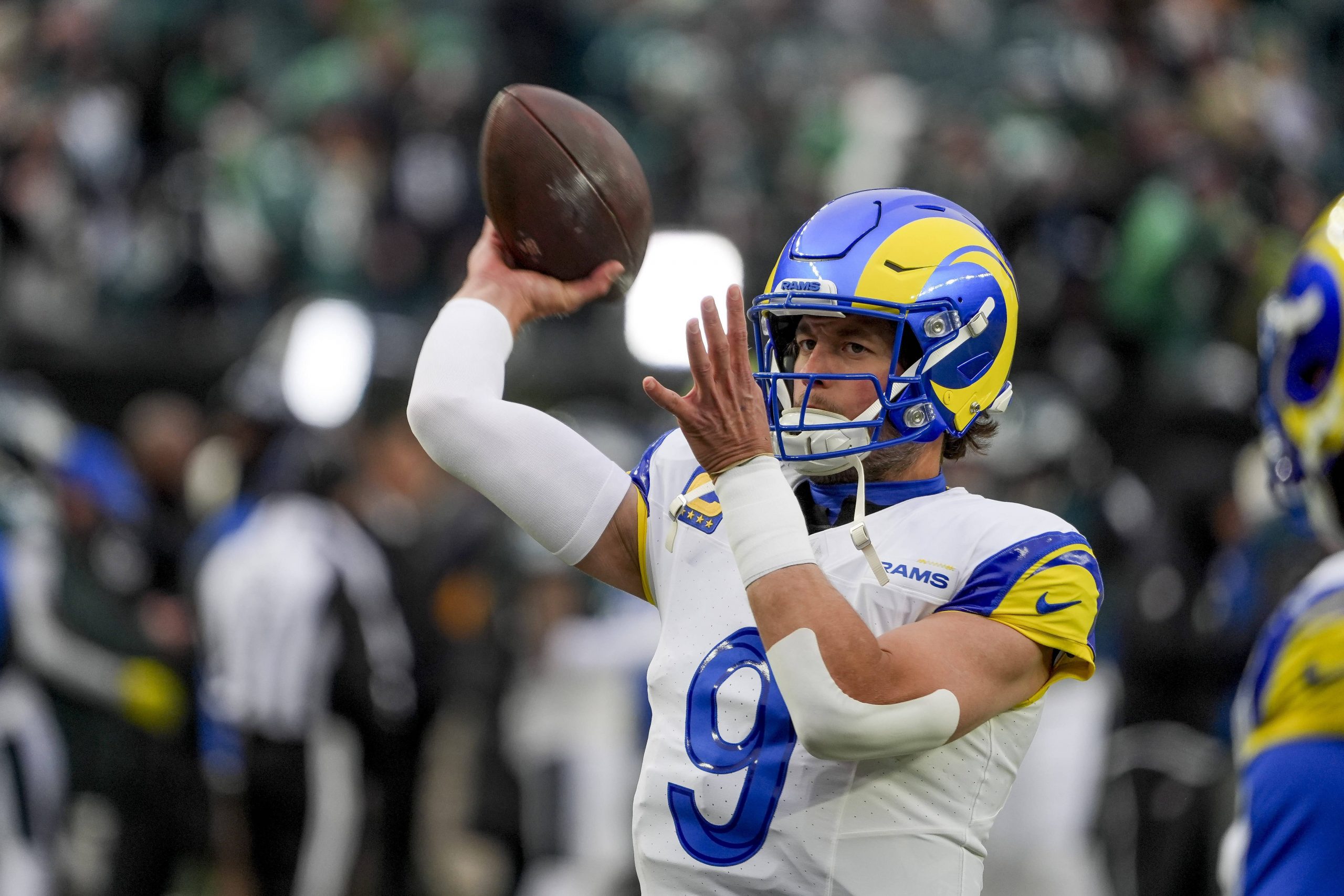 NFL, American Football Herren, USA 2025:Rams v Eagles JAN 19 January 19, 2025, Philadelphia, Pa, USA: Los Angeles Rams quarterback Matthew Stafford 9 warms up for the NFL football playoff matchup between the Los Angeles Rams and the Philadelphia Eagles at Lincoln Financial Field in Philadelphia, Pennsylvania on January 19, 2025. Scott Serio/Cal MediaCredit Image: Scott Serio/Cal Sport Media Philadelphia Pa USA EDITORIAL USE ONLY Copyright: xx ZUMA-20250119_faf_cs17_006.jpg ScottxSeriox csmphotothree346789