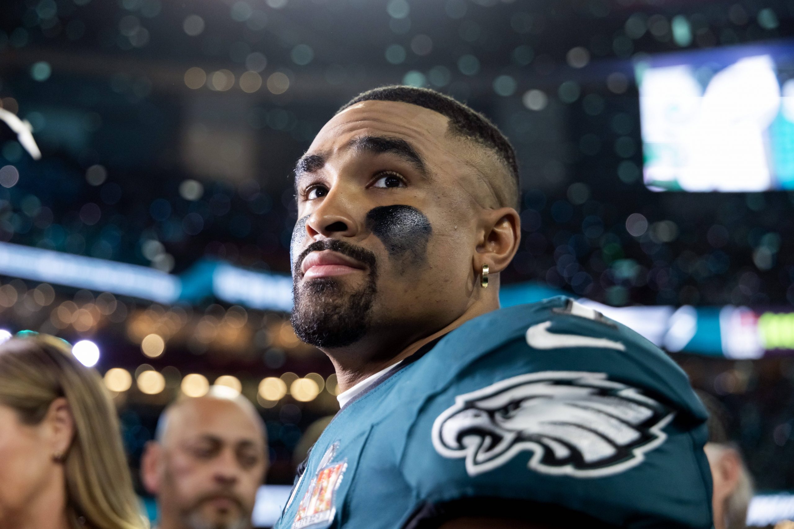 NFL, American Football Herren, USA Super Bowl LIX-Kansas City Chiefs at Philadelphia Eagles Feb 9, 2025 New Orleans, LA, USA Philadelphia Eagles quarterback Jalen Hurts 1 after defeating the Kansas City Chiefs to win Super Bowl LIX at Ceasars Superdome. New Orleans Ceasars Superdome LA USA, EDITORIAL USE ONLY PUBLICATIONxINxGERxSUIxAUTxONLY Copyright: xMarkxJ.xRebilasx 20250301_mjr_su5_146