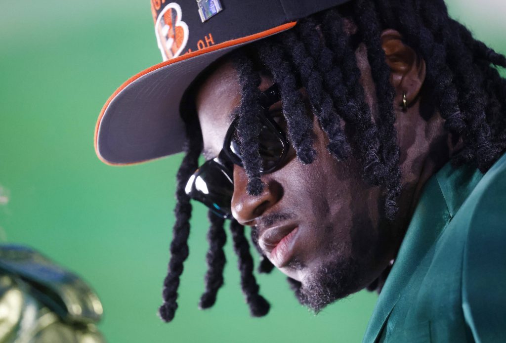 Texas A&M linebacker Shemar Stewart reacts after being picked by the Cincinnati Bengals in the first round during the 2025 NFL, American Football Herren, USA draft at Lambeau Field in Green Bay, Wisconsin on Thursday, April 24, 2025. PUBLICATIONxINxGERxSUIxAUTxHUNxONLY NFL20250424831 TANNENxMAURY