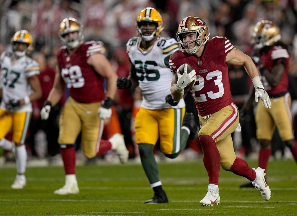 Syndication: Journal Sentinel San Francisco 49ers running back Christian McCaffrey 23 scores a touchdown on a 39-yard run during the third quarter of their NFC divisional playoff game Saturday, January 20, 2024 at Levi Stadium in Santa Clara, California. The San Francisco 49ers beat the Green Bay Packers 24-21. , EDITORIAL USE ONLY NFL PUBLICATIONxINxGERxSUIxAUTxONLY Copyright: xMarkxHoffmanx/xMilwaukeexJournalxSentinelx USATSI_22342255