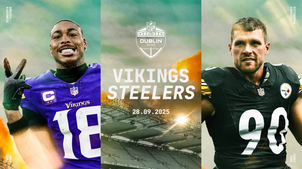 Justin Jefferson #18 und T.J. Watt #90 im Duell der Superstars: Die Vikings und Steelers bringen NFL-Action live nach Dublin!