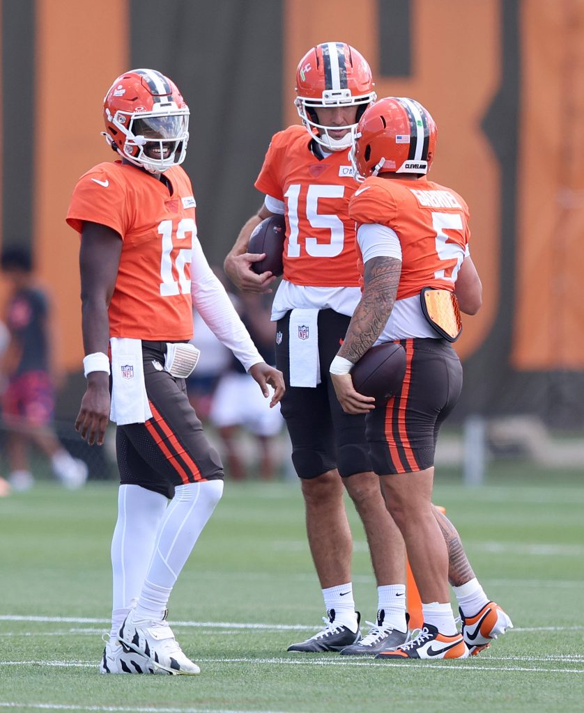 Cleveland Browns Quarterbacks, Shedeur Sanders #12, Dillon Gabriel #5 and Joe Flacco #15