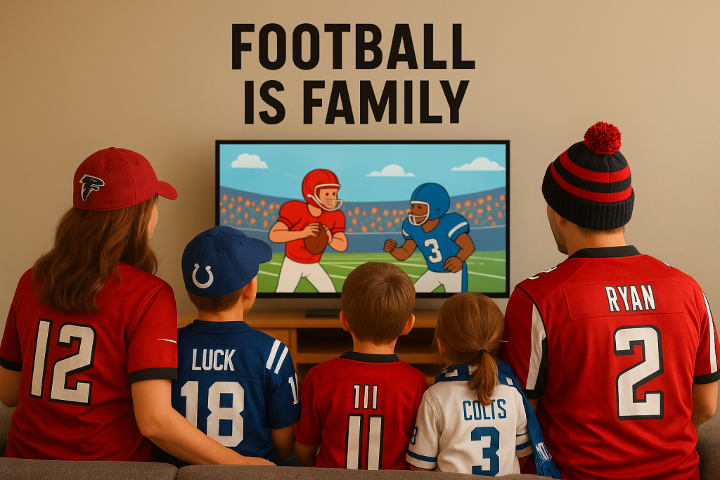 „Realistisches Bild einer Familie mit drei Kindern, die auf einem Sofa sitzt und ein American-Football-Spiel in Cartoon-Optik schaut. Alle tragen NFL-Merch, im Wohnzimmer hängt ein Wandtattoo mit dem Slogan 'Football is Family'. Perfekt für kindgerechte NFL-Berichterstattung und Toggo -Familienartikel.“