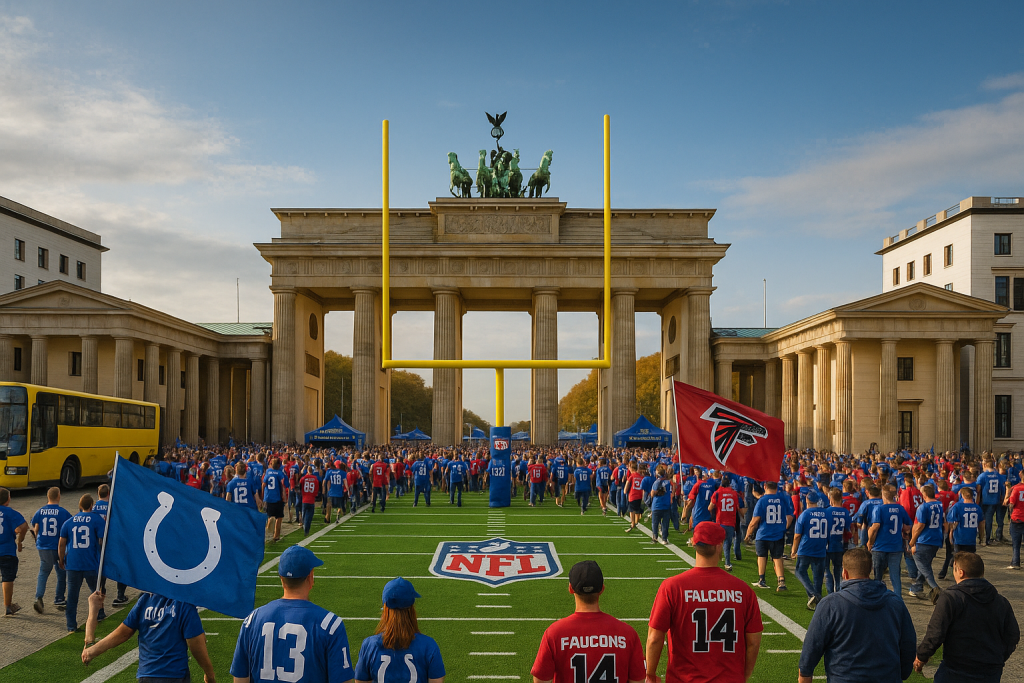 Blick auf das Brandenburger Tor in Berlin, davor ein American-Football-Feld mit einem Field-Goal-Tor, vielen Fans in Colts- und Falcons-Trikots und NFL-Flaggen, die eine bunte Fan-Atmosphäre schaffen.