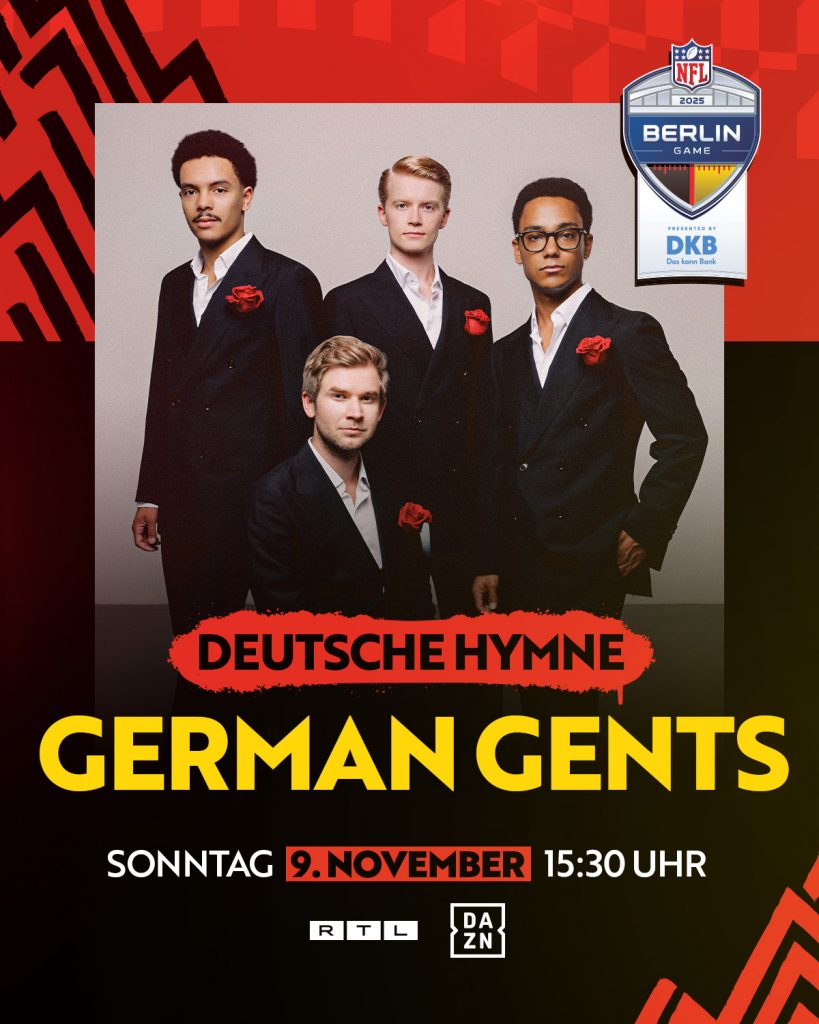 Die Berliner A-cappella-Gruppe German Gents singen beim 2025 NFL Berlin Game die deutsche Nationalhymne im Olympiastadion.