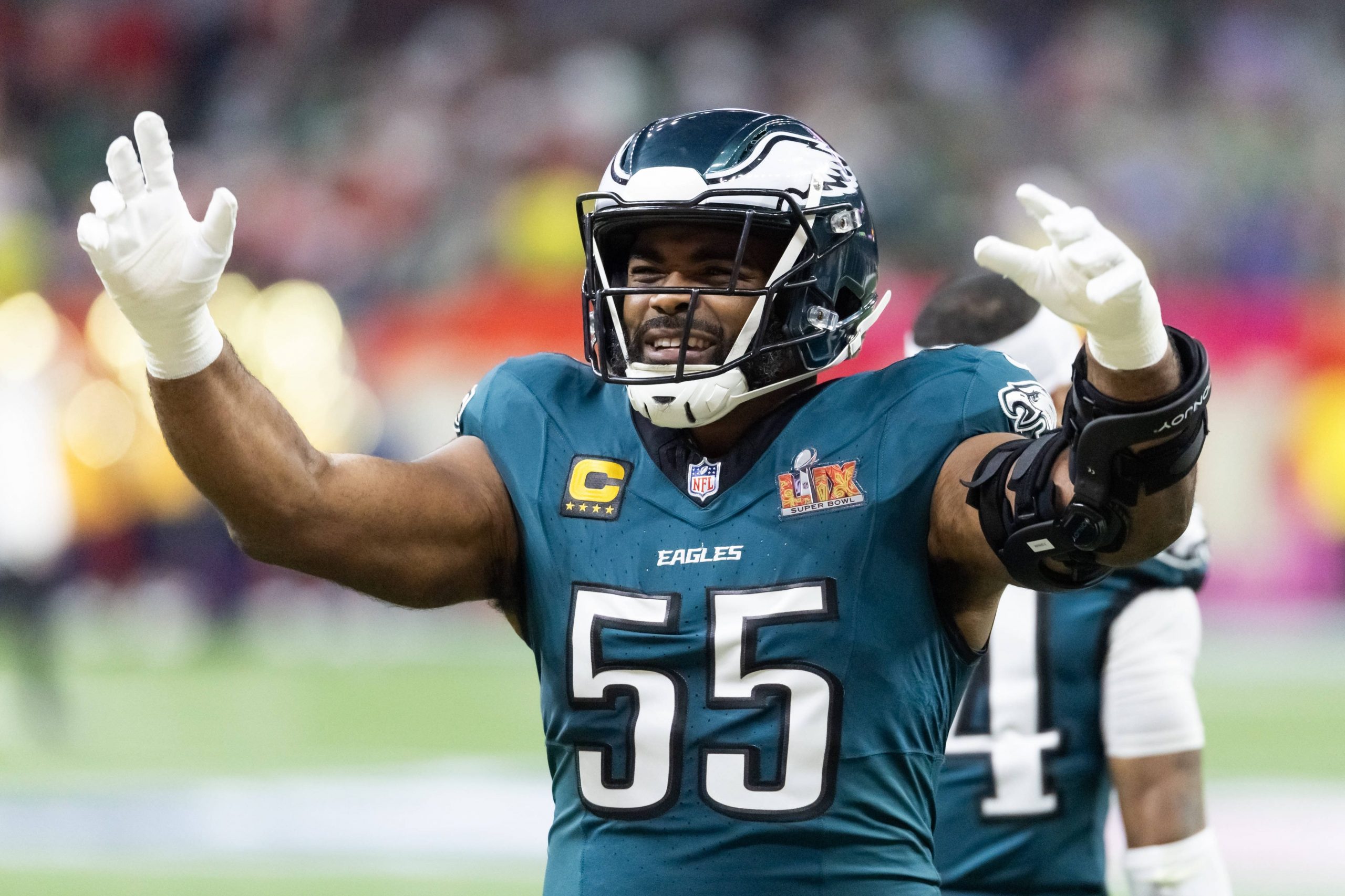 Brandon Graham #55 beim Super Bowl LVIII: Der Eagles-Veteran kehrte nach seiner Trizepsverletzung zurück aufs Feld und half Philadelphia zum zweiten Titelgewinn der Franchisegeschichte.