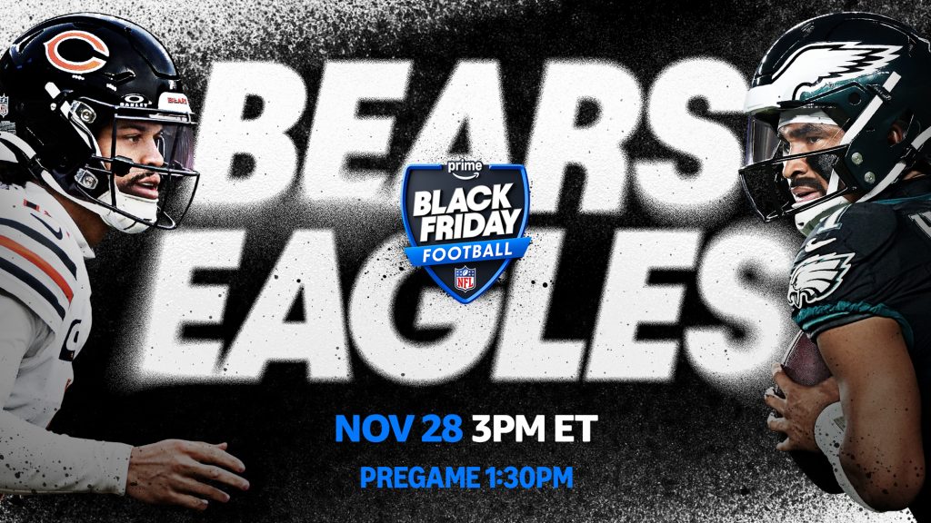 Ankündigungsgrafik zum NFL Black Friday Game 2025 auf Prime Video mit Caleb Williams von den Chicago Bears und Jalen Hurts von den Philadelphia Eagles vor dem Prime-Logo und dem Datum 28. November 2025.