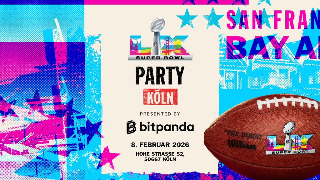 Bei der offiziellen Super Bowl LX Party in Köln verfolgen Fans den Super Bowl 2026 gemeinsam auf Großbildleinwand – inklusive Halftime Show und Live-Übertragung.