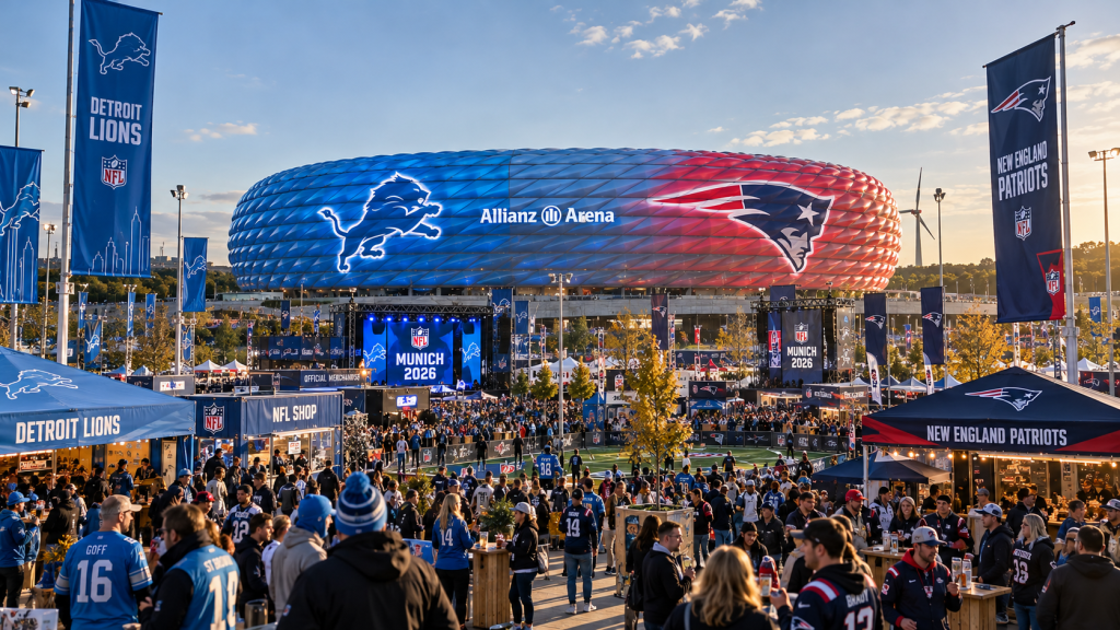 Die Allianz Arena im NFL-Fieber: Die Heimspielstätte des FC Bayern München erstrahlt in den Farben der Detroit Lions und New England Patriots. Vor dem Stadion sorgen zahlreiche Fans, Foodtrucks, Merchandise-Stände und Football-Aktionen für eine ausgelassene Tailgating-Atmosphäre rund um das NFL Munich Game 2026.
